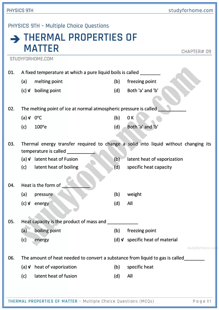 thermal-properties-of-matter-multiple-choice-questions-physics-class-9th