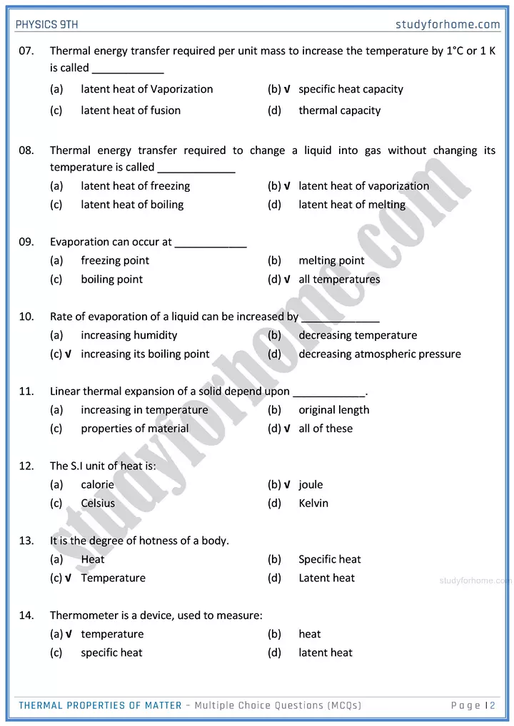 thermal properties of matter multiple choice questions physics class 9th 02