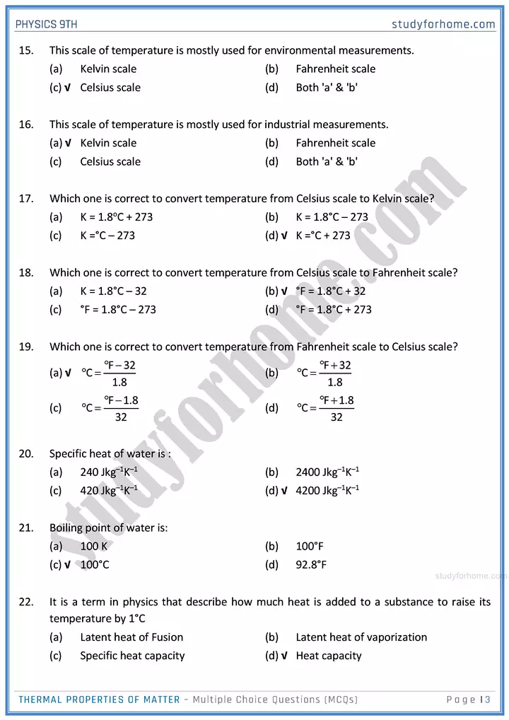 thermal properties of matter multiple choice questions physics class 9th 03