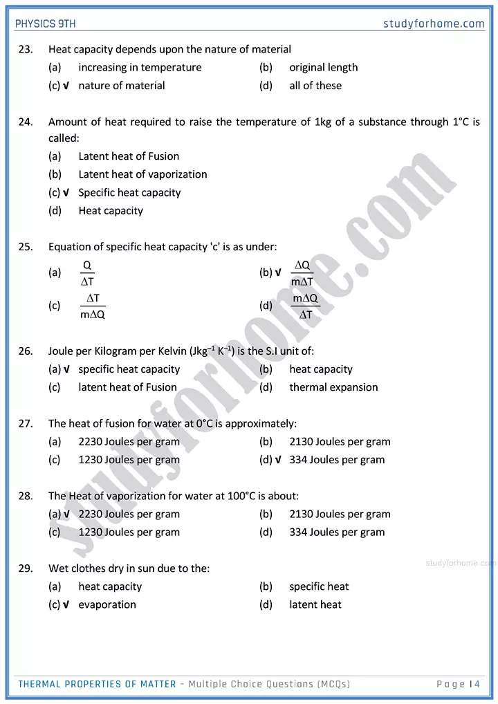 thermal properties of matter multiple choice questions physics class 9th 04