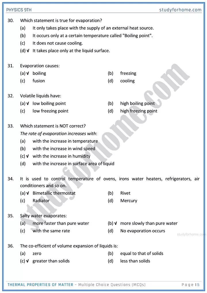 thermal properties of matter multiple choice questions physics class 9th 05