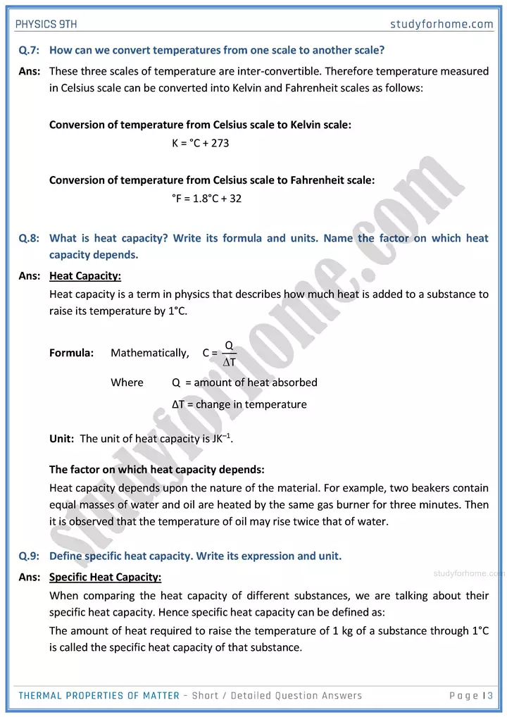 thermal properties of matter short and detailed answer questions physics class 9th 03