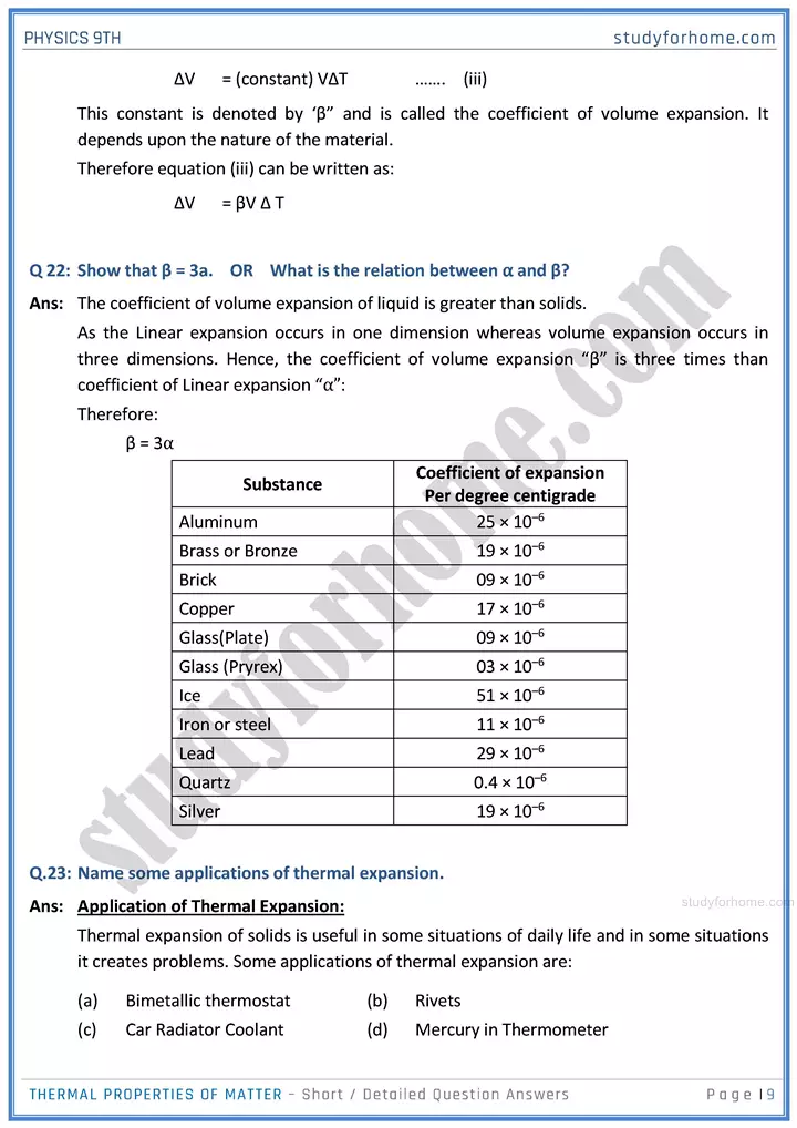 thermal properties of matter short and detailed answer questions physics class 9th 09