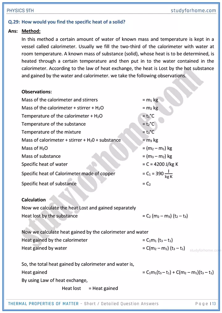 thermal properties of matter short and detailed answer questions physics class 9th 13