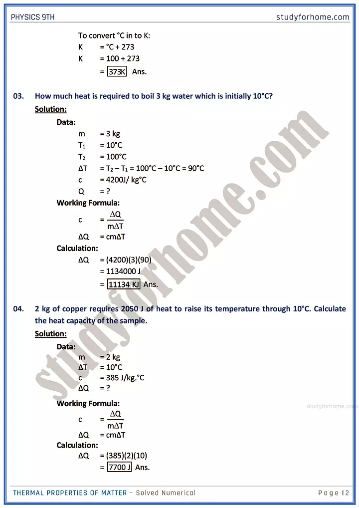 thermal properties of matter solved numerical physics class 9th 02