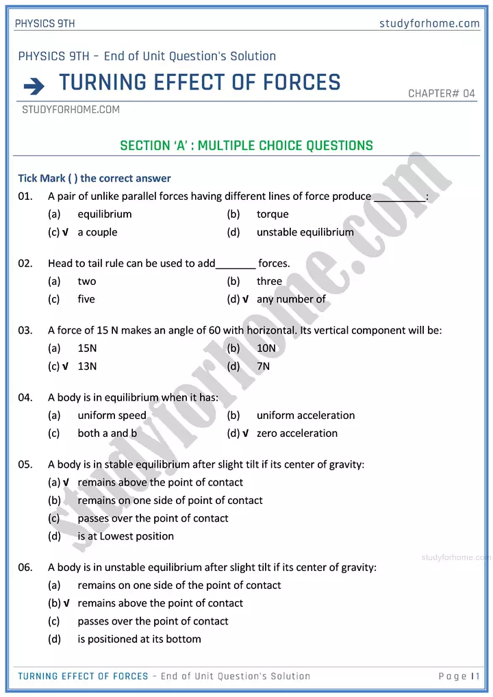 turning effect of forces end of unit questions solution physics class 9th 01