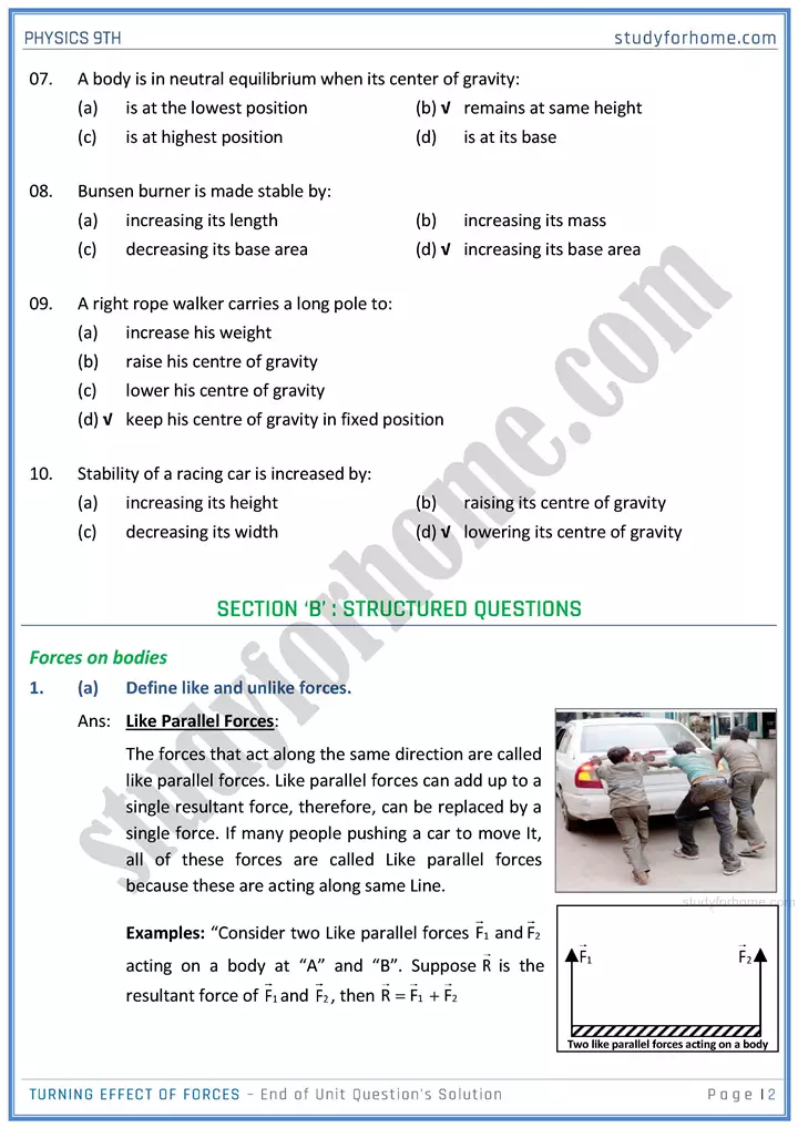 turning effect of forces end of unit questions solution physics class 9th 02