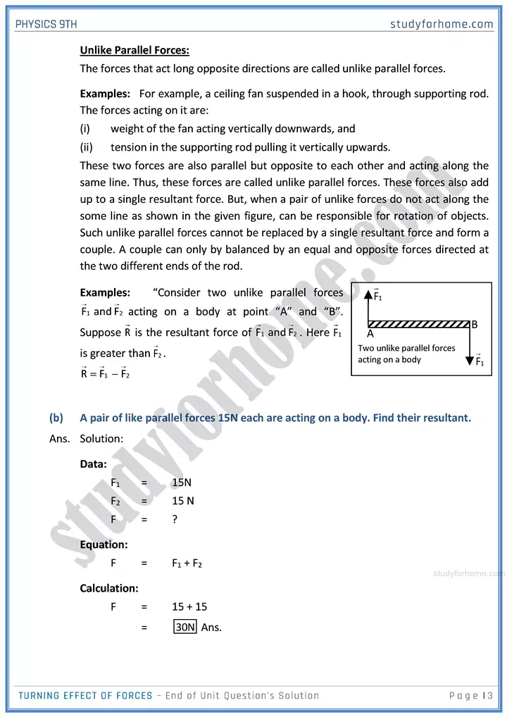 turning effect of forces end of unit questions solution physics class 9th 03