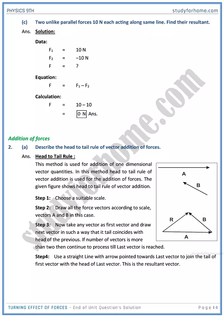 turning effect of forces end of unit questions solution physics class 9th 04