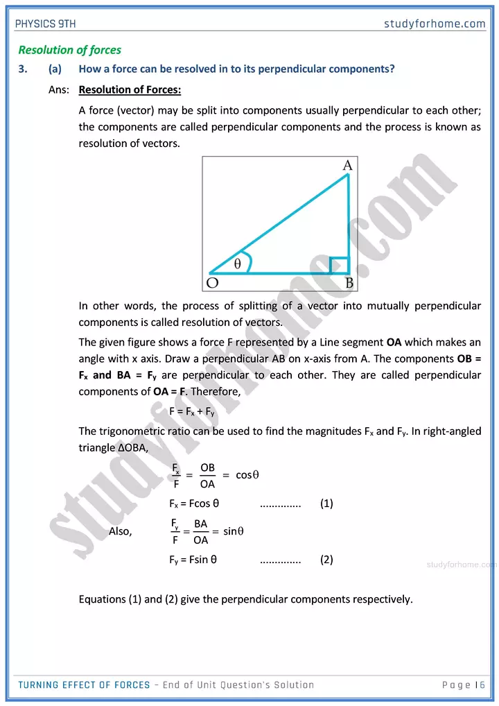 turning effect of forces end of unit questions solution physics class 9th 06