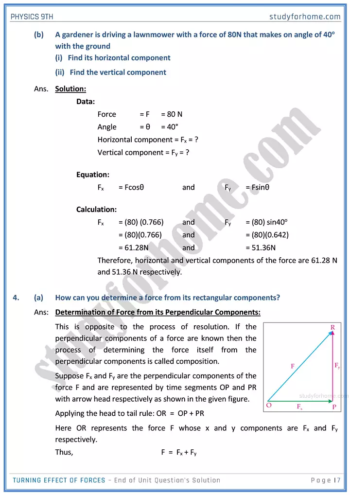 turning effect of forces end of unit questions solution physics class 9th 07