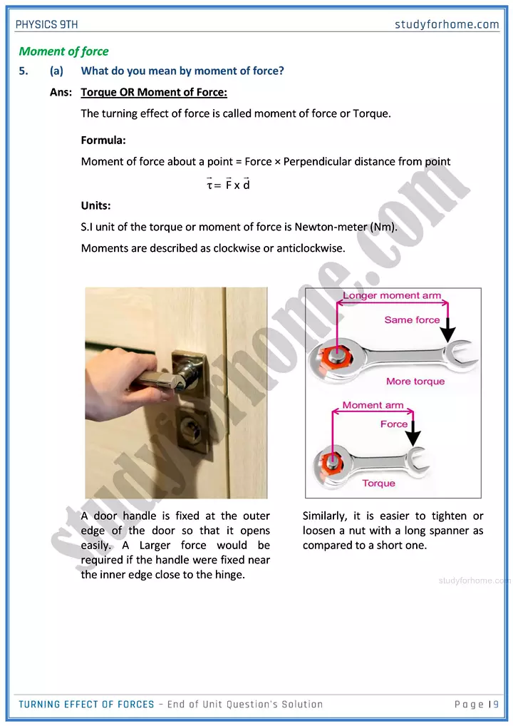 turning effect of forces end of unit questions solution physics class 9th 09