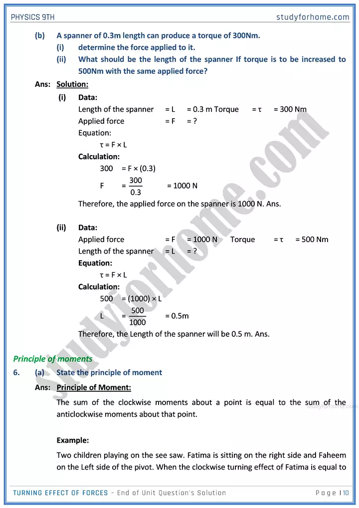 turning effect of forces end of unit questions solution physics class 9th 10