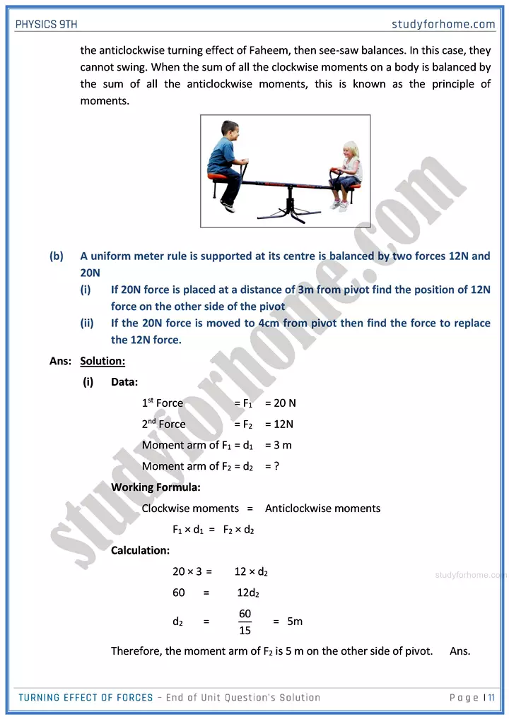 turning effect of forces end of unit questions solution physics class 9th 11