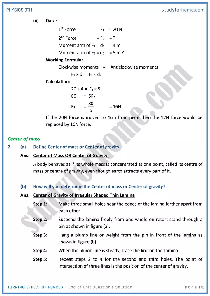 turning effect of forces end of unit questions solution physics class 9th 12