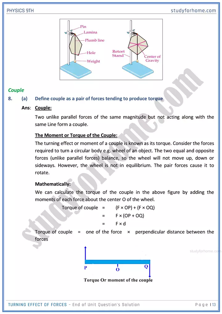 turning effect of forces end of unit questions solution physics class 9th 13