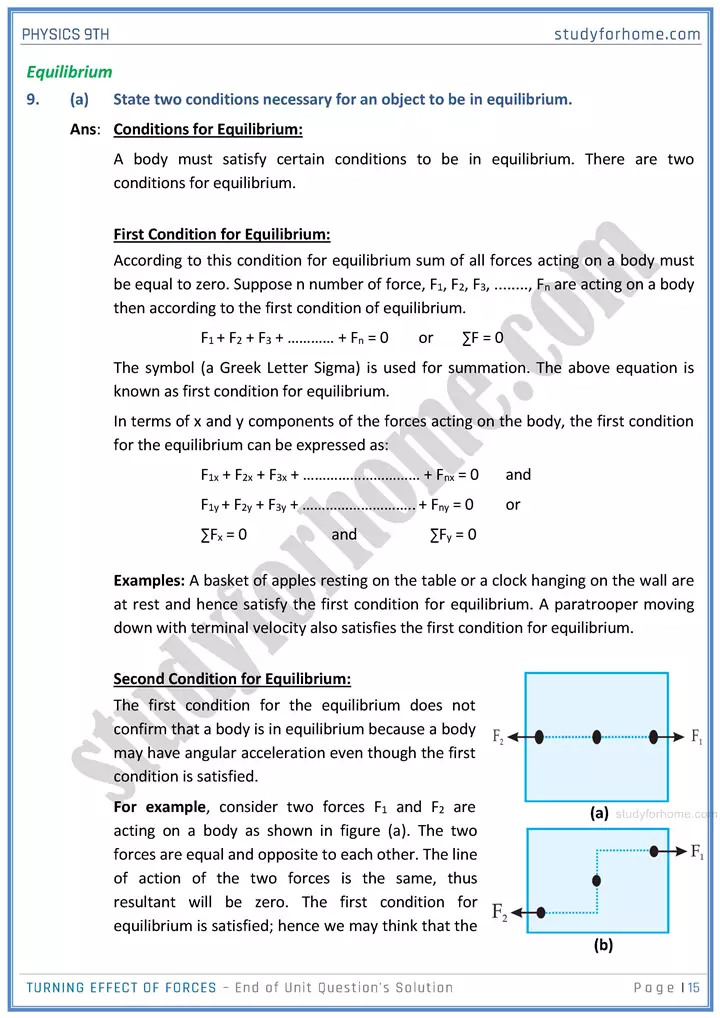 turning effect of forces end of unit questions solution physics class 9th 15