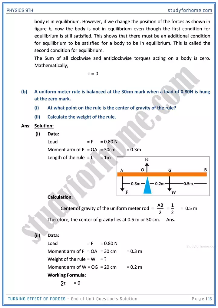 turning effect of forces end of unit questions solution physics class 9th 16