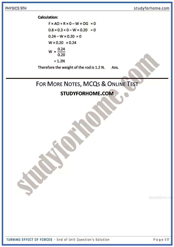 turning effect of forces end of unit questions solution physics class 9th 17