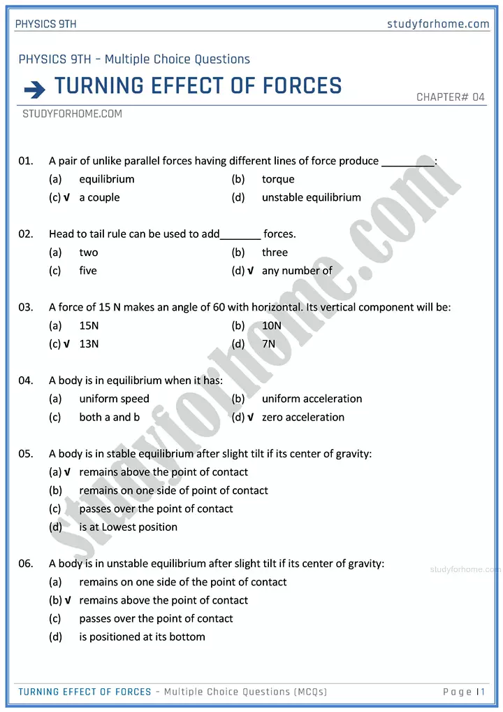 turning effect of forces multiple choice questions physics class 9th 01