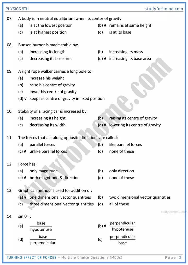 turning effect of forces multiple choice questions physics class 9th 02