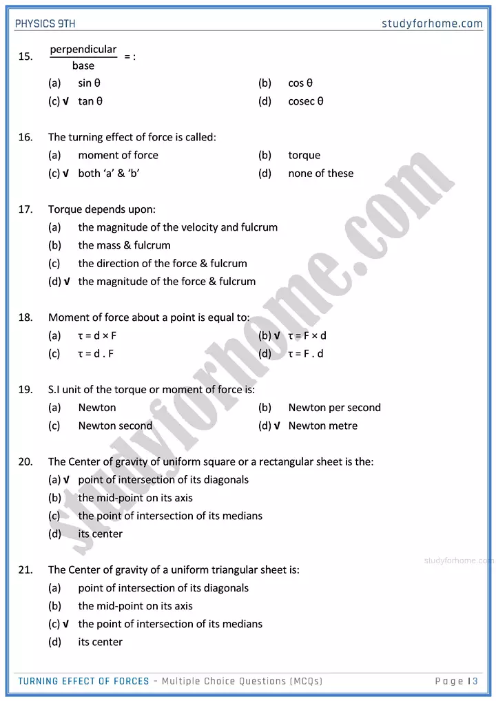 turning effect of forces multiple choice questions physics class 9th 03