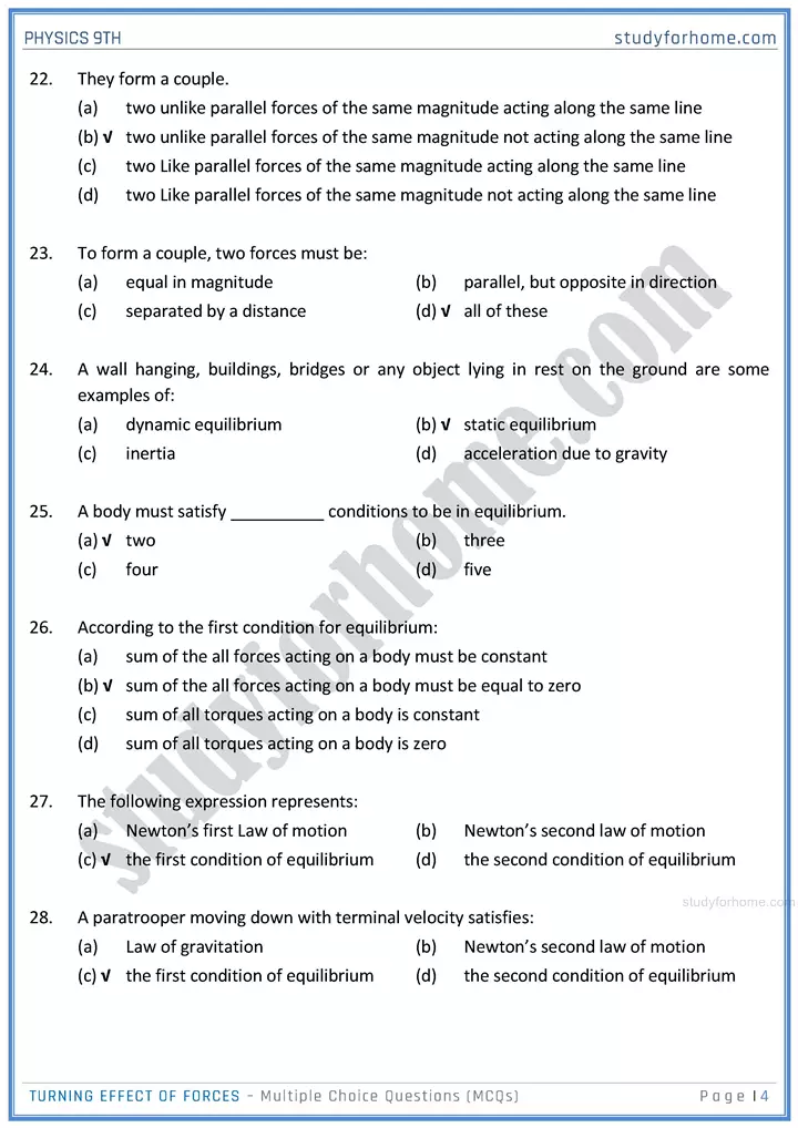 turning effect of forces multiple choice questions physics class 9th 04