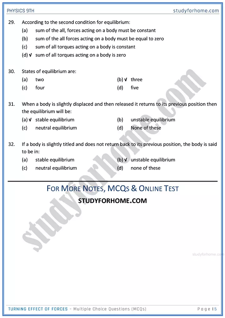 turning effect of forces multiple choice questions physics class 9th 05