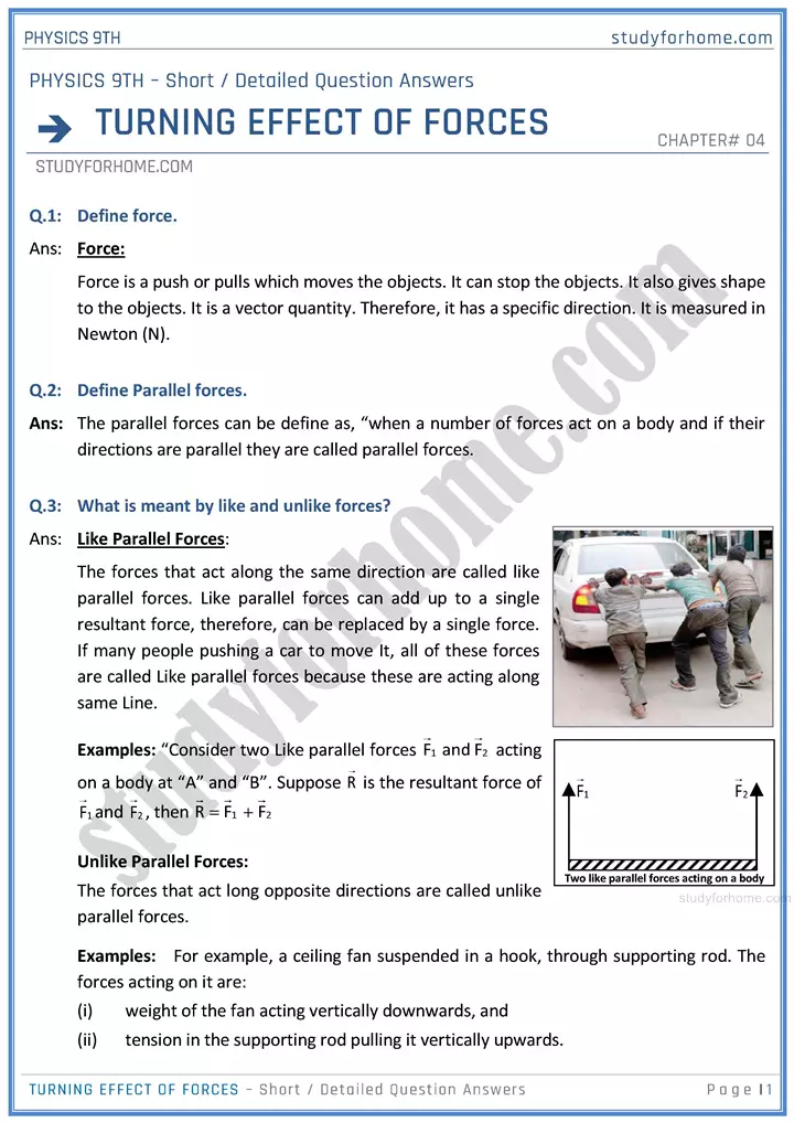 turning effect of forces short and detailed answer questions physics class 9th 01