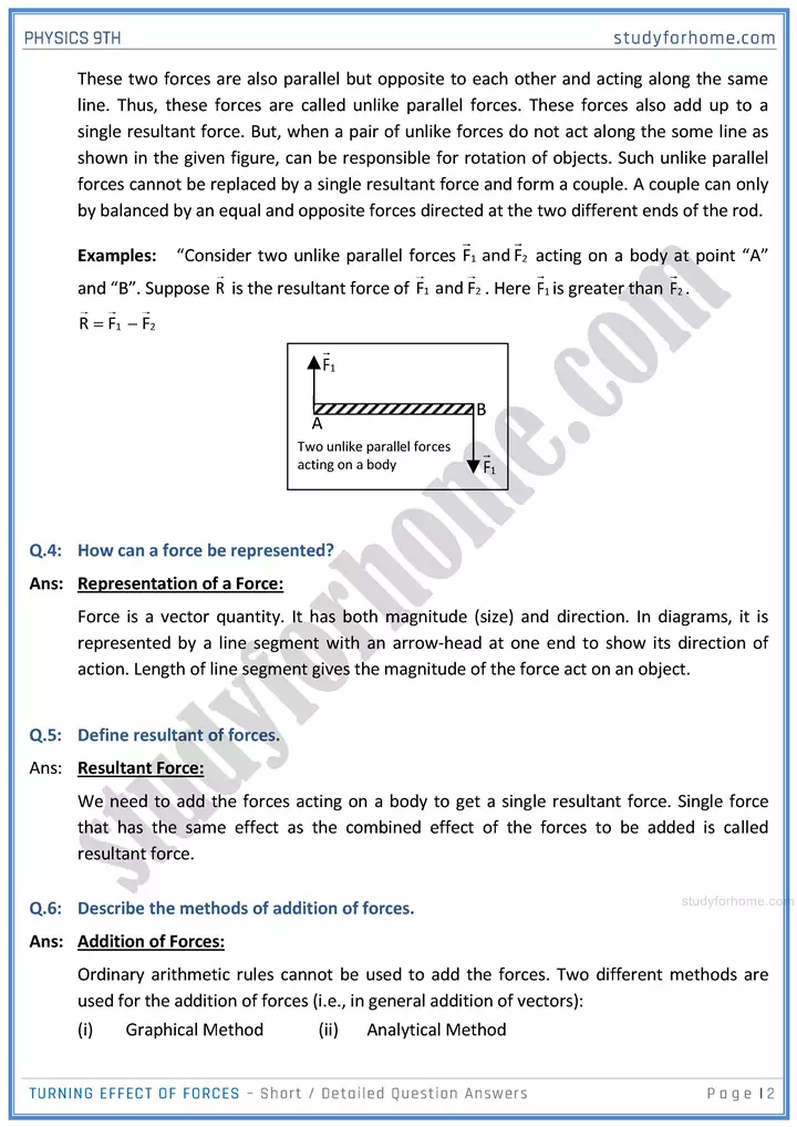 turning effect of forces short and detailed answer questions physics class 9th 02