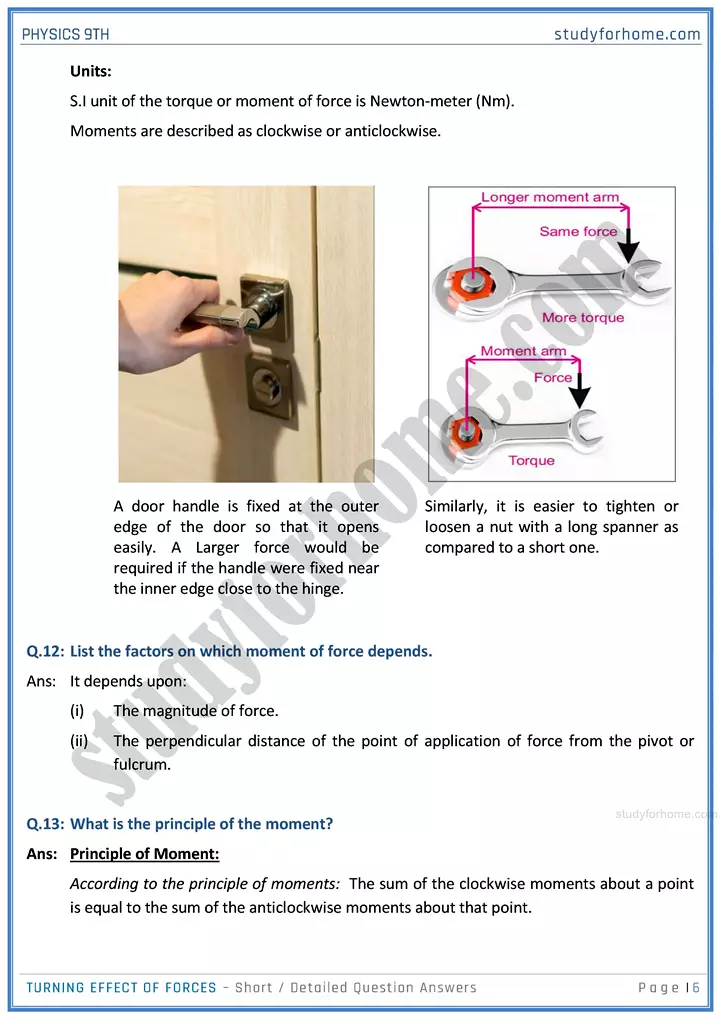 turning effect of forces short and detailed answer questions physics class 9th 06