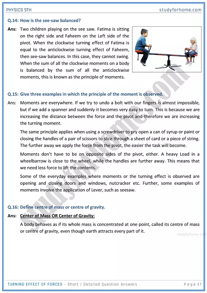 turning effect of forces short and detailed answer questions physics class 9th 07