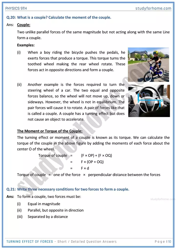 turning effect of forces short and detailed answer questions physics class 9th 10