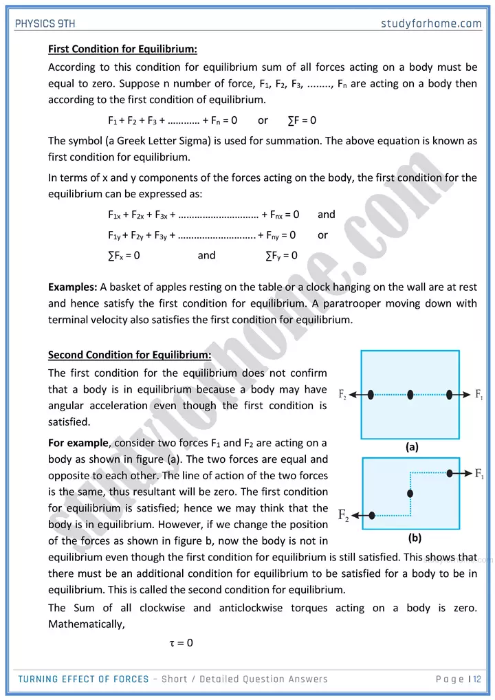 turning effect of forces short and detailed answer questions physics class 9th 12