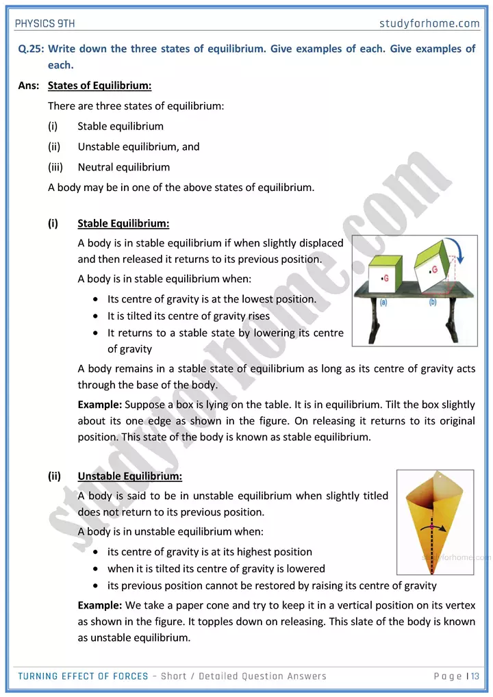 turning effect of forces short and detailed answer questions physics class 9th 13