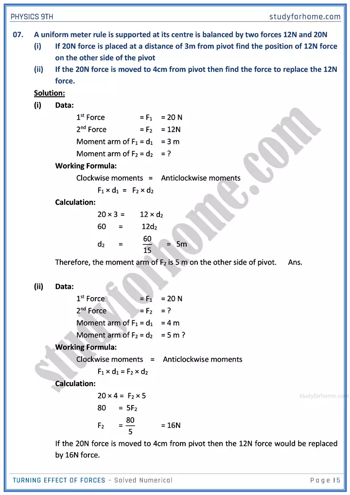 turning effect of forces solved numerical physics class 9th 05