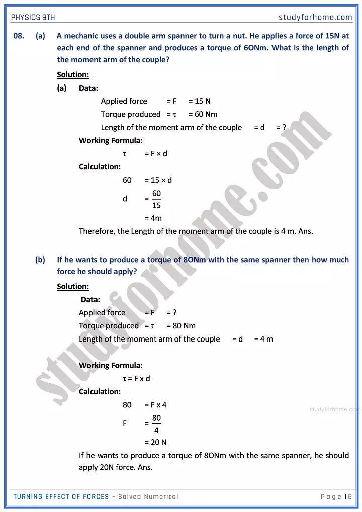 turning effect of forces solved numerical physics class 9th 06