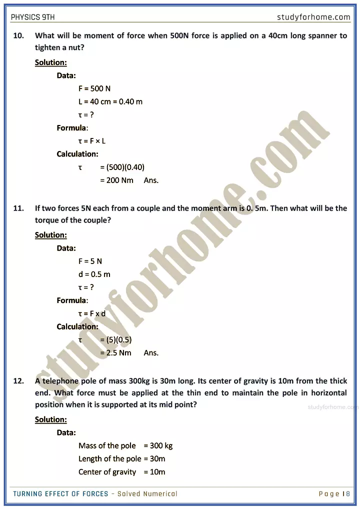 turning effect of forces solved numerical physics class 9th 08