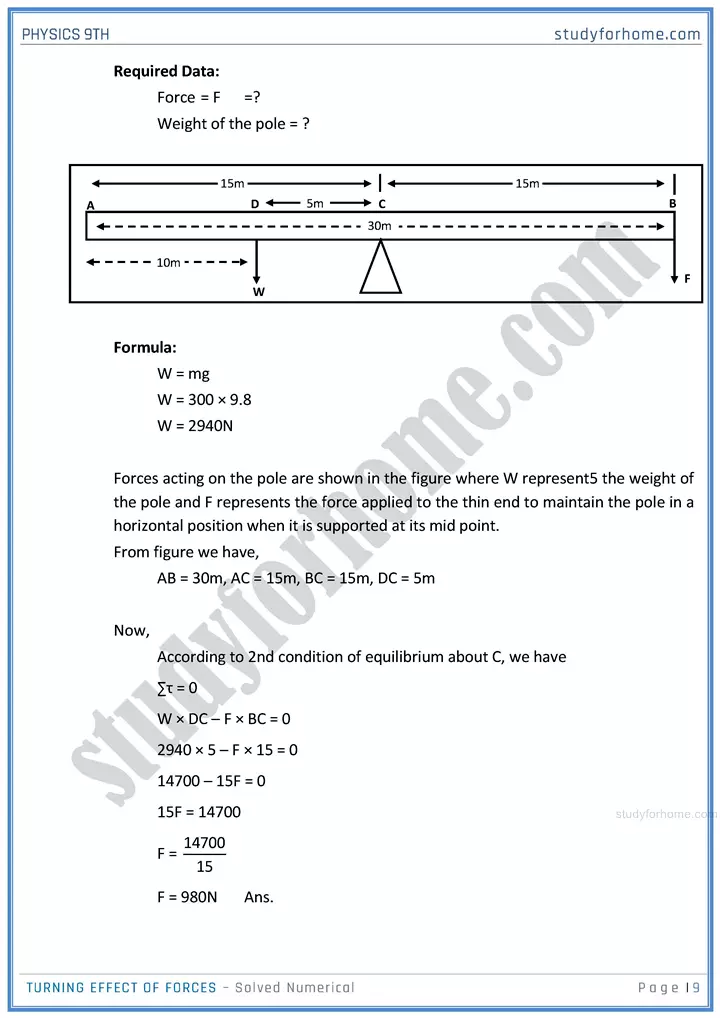 turning effect of forces solved numerical physics class 9th 09