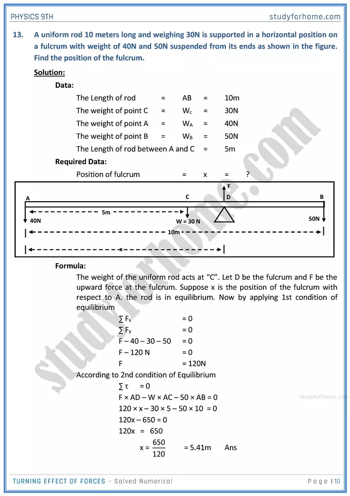 turning effect of forces solved numerical physics class 9th 10