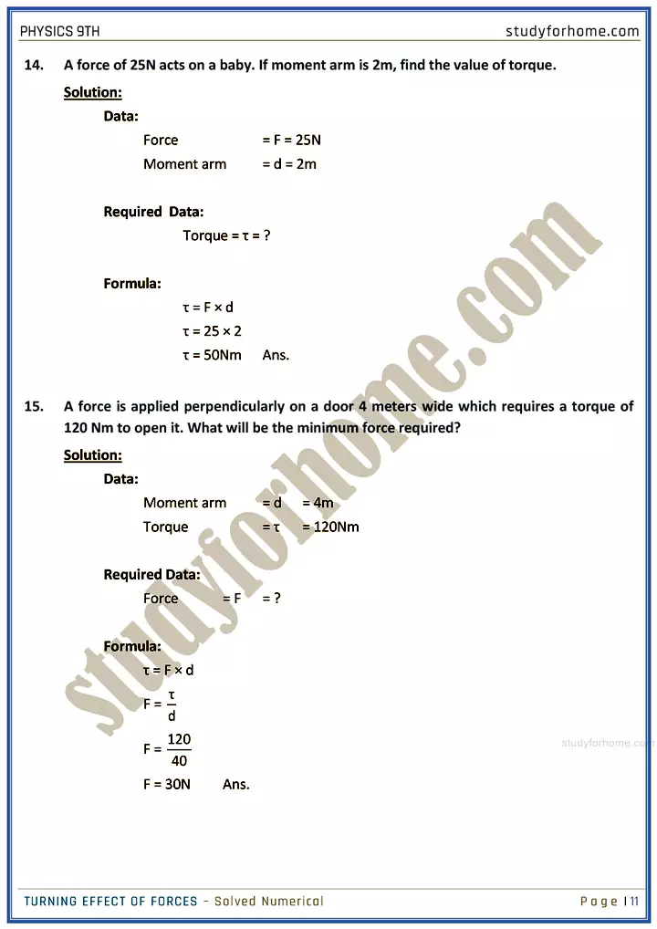 turning effect of forces solved numerical physics class 9th 11