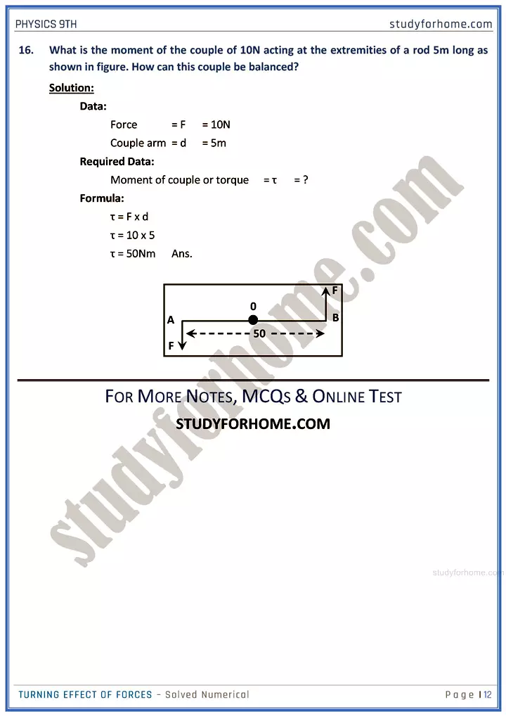 turning effect of forces solved numerical physics class 9th 12