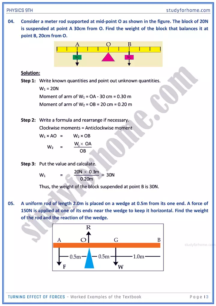 turning effect of forces worked examples of the textbook physics class 9th 03