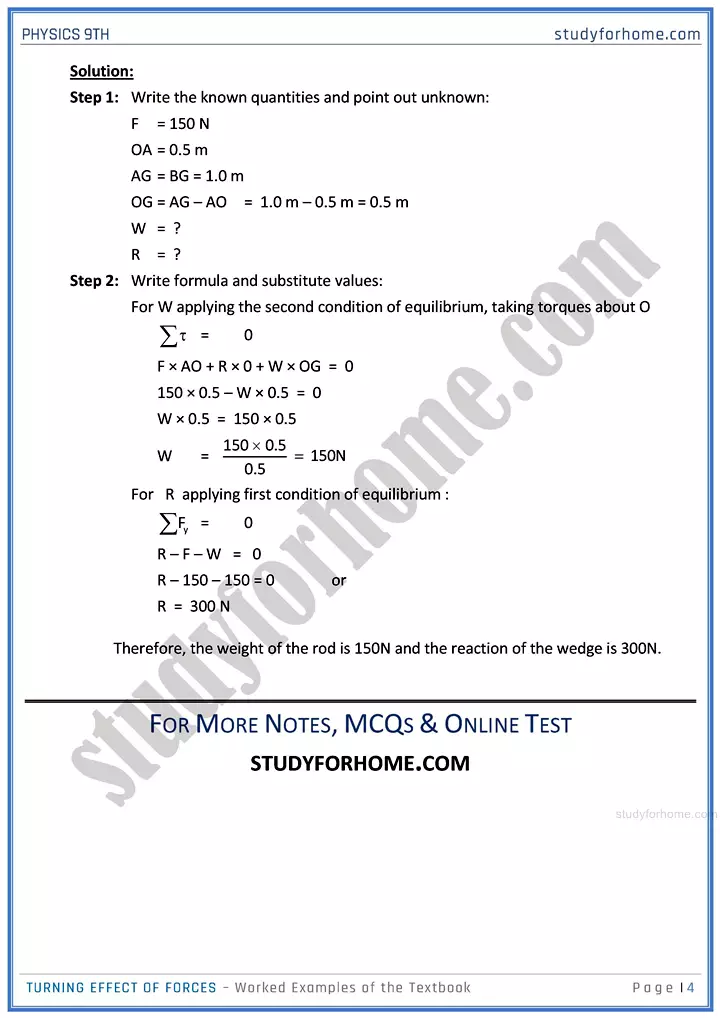 turning effect of forces worked examples of the textbook physics class 9th 04