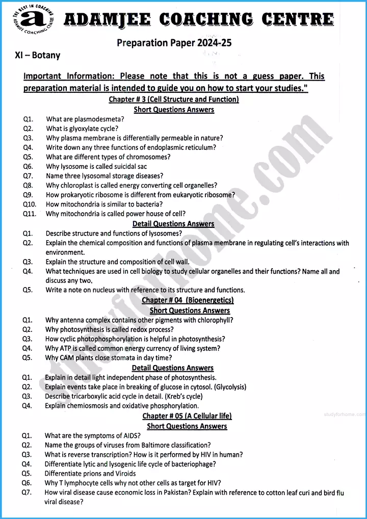 botany 11th adamjee coaching guess paper 2025 science group 1