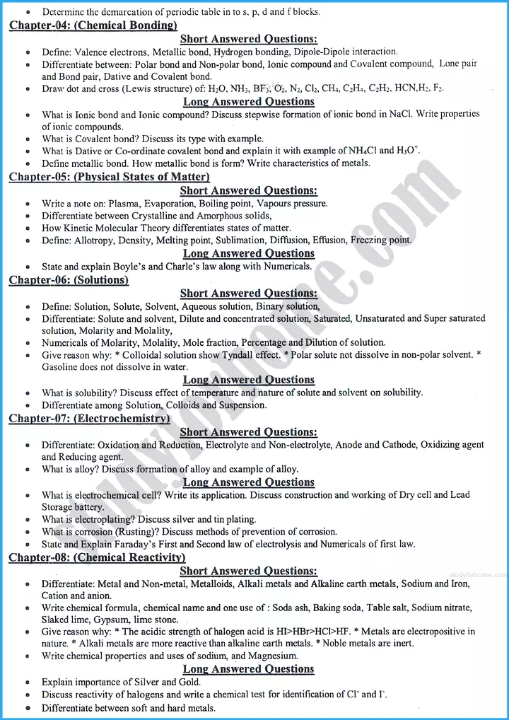 chemistry 9th adamjee coaching guess paper 2025 science group 2