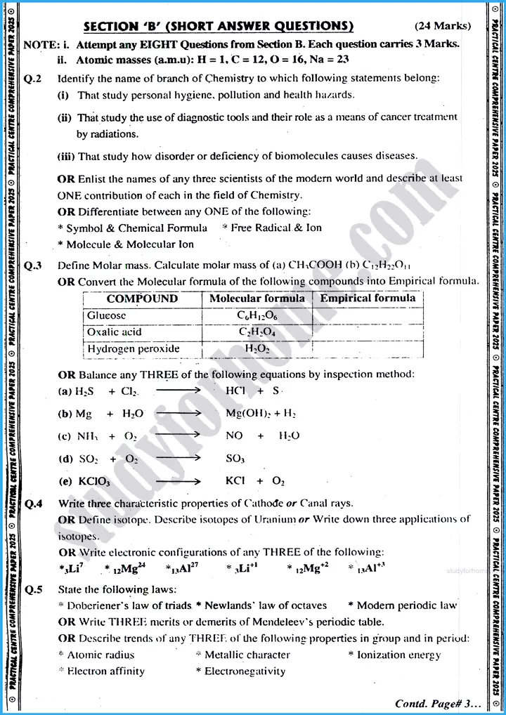 chemistry 9th practical centre guess paper 2025 science group 2