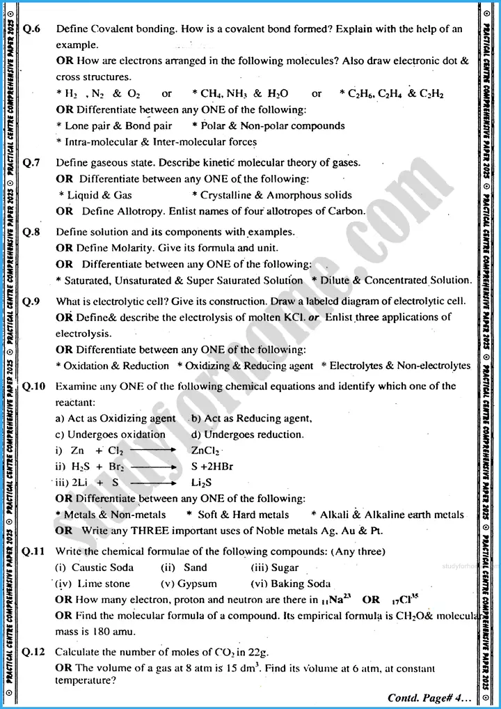 chemistry 9th practical centre guess paper 2025 science group 3