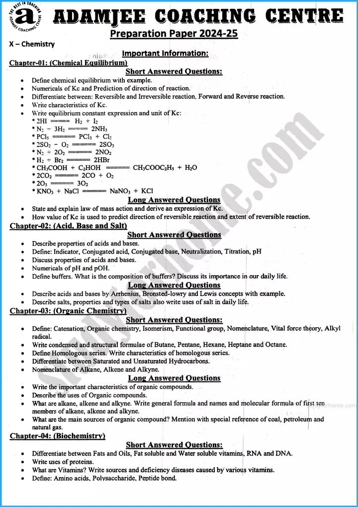 class 10th chemistry 2025 adamjee coaching guess papers 1