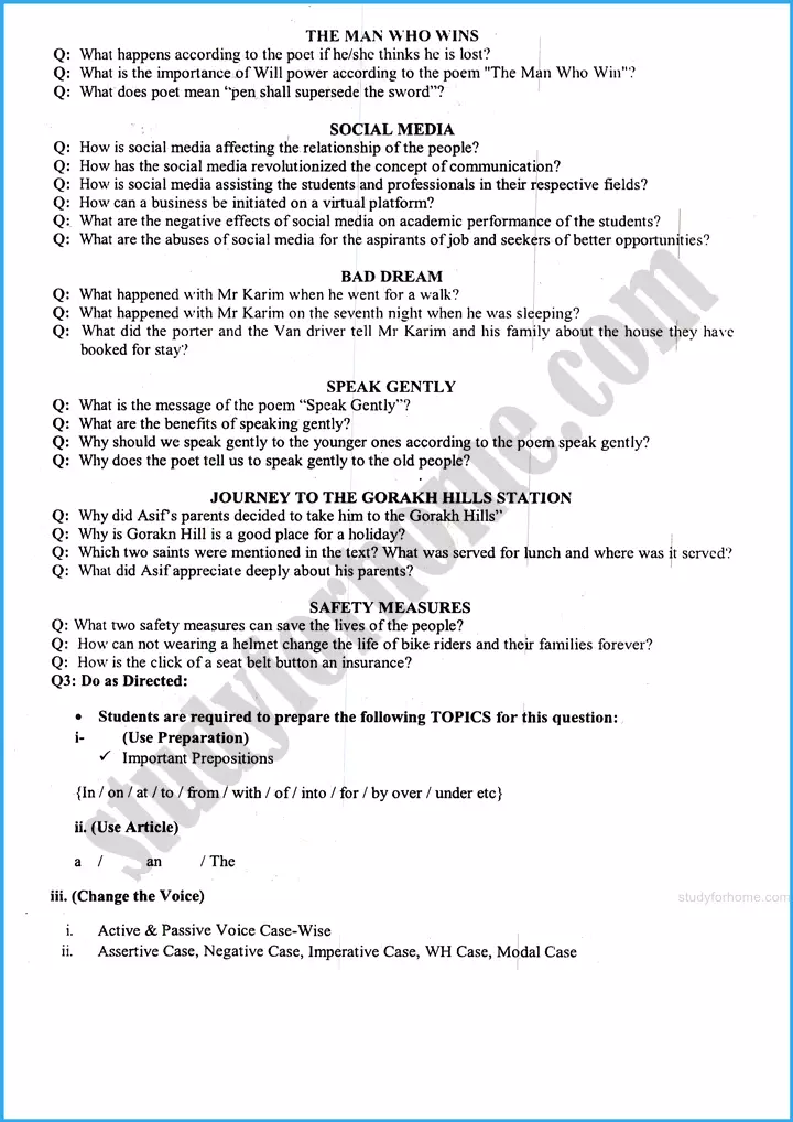 class 10th english 2025 adamjee coaching guess papers 2